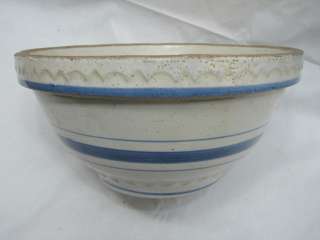 ANTIQUE STONEWARE BOWL 5 BLUE BANDS 10 SCALLOPED STAR BOTTOM MIXING 