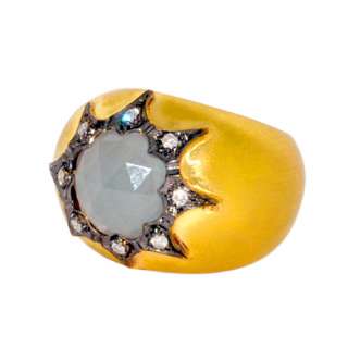 Diamond & Aquamarine Studded Ring 14K Yellow Gold Mens Jewelry US 