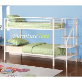 White Metal Twin over Twin Bunk Bed with Step Ladder  