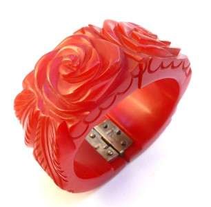   1930s Thick & Chunky Heavily Carved Cherry Red BAKELITE Roses BRACELET