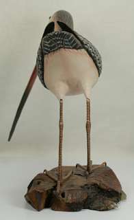   CARVED WOOD LONG BILLED CURLEW WATER BIRD FIGURINE ON DRIFTWOOD BASE