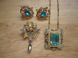 Vintage Blue Topaz/Pink Rhinestone/Faux Pearl Jewelry~Necklace/Pin 