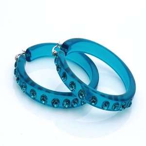  Large Sapphire Blue Crystal Studded Lucite Hoop Earrings Jewelry