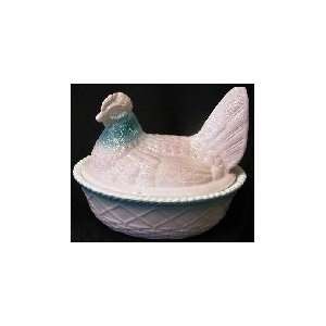  5 Glass Painted Bubble Gum & Teal Chicken on Basket 