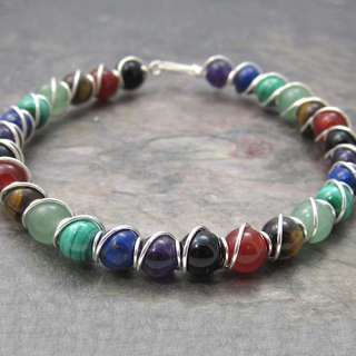 Chakra Beaded Sterling Silver Wire Wrapped Bracelet  