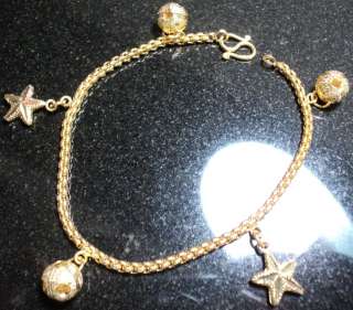 BALL * STAR FISH CHARMS REAL 24K GOLD PLATED BRACELET   6 1/2 LONG