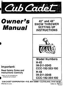 Cub Cadet 42 & 48 Snow Thrower attachment Manual#H 42  