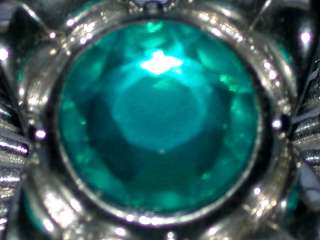   Crystal Glass Covered Trinket Box w/ Emerald Set Lid & Silver Trim