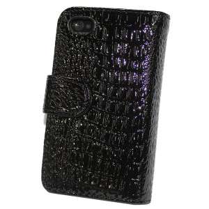 BLACK  Crocodile Leather Wallet Case Cover for iPhone 4  