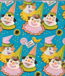 Vtg Gift Wrap Wrapping Paper Novelty Clown Clowns Blue  
