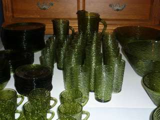 Vintage GREEN Glass ART DECO Anchor Hocking SORENO 97 pc set Pitchers 