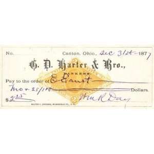  William R. Day Hand Signed 1877 Bank Check Jsa Coa 