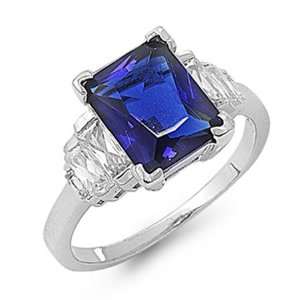   Silver Blue Sapphire Emerald Cut CZ Engagement Ring Size 6 Jewelry