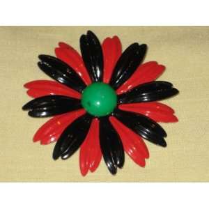 Vintage Flower Power Tri Color Black, Red & Green Enamel 3 Brooch Pin 
