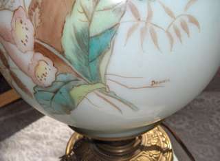   Victorian Oil Lamp Electric Painted Glass Globes Hurricane Lamp Signed