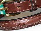 Equestrian Belt Brass Buckle Brown Leather Fancy Stitch