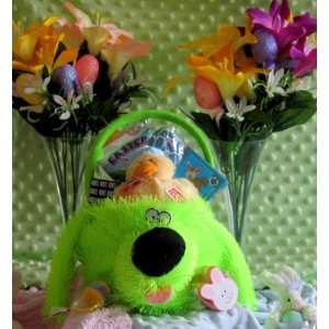 Plush Green Puppy Dog Kids Easter Gift Basket   Candy, Games, Coloring 