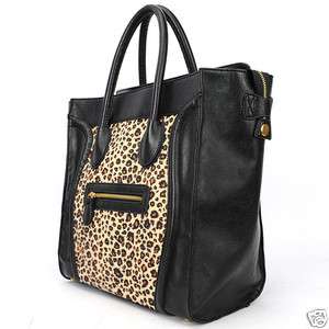   Leopard PU Leather Luxury fur Luggage Tote Smile Bag Handbag  