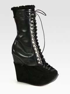 Yves Saint Laurent   Leather and Suede Wedge Lace Up Boots