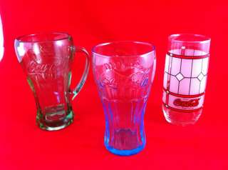 Coca Cola Coke Glasses Blue Handle Stained glass Libbey Frosted 