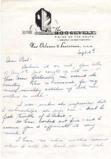 SHEP FIELDS Signed Letter, Roosevelt Hotel, New Orleans  