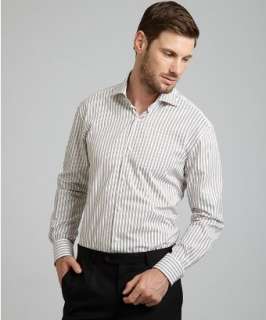 Hickey Freeman brown striped cotton spread collar dress shirt 