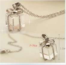 New Cute Crystal Bowknot Tie Gift Box Silver Necklace  