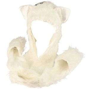   Frizzy Animal Fur Scarf Trapper Ski Hat w Gloves Mittens White  