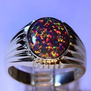   STUNNING SOLID 14K YELLOW GOLD CREATED OPAL RING   FIERY REDS   10904