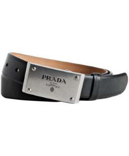 Prada black leather logo plaque belt   