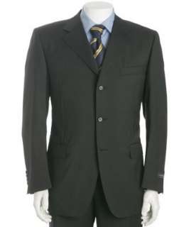 Canali black pinstriped wool 3 button suit with single pleat trousers 