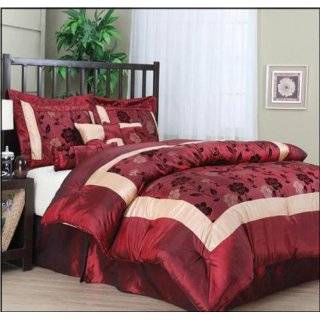 Pieces Burgundy with Gold Rose Flocking Comforter Set Bed in a bag 