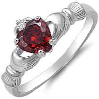   Silver Hands Holding Heart Clear & Red Garnet CZ Claddagh Ring Size 5