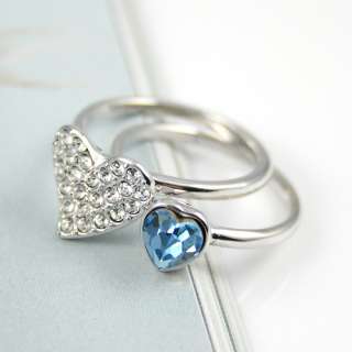   Blue Clear Heart Crystal Stacking Stackable Cocktail Two Ring  