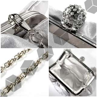 gray silver satin Diamante Crystal FLOWERS BRIDAL EVENING CLUTCH BAG 