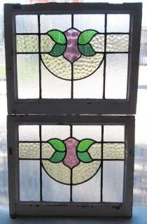 Pair of Antique Stained Glass Windows Four colors of glass Pink Blooms 