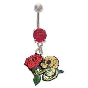: Rose coming out of Skull Head dangle Belly navel Ring piercing bar 