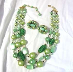 Vintage Green Glass Bead, Moonglow Necklace, Earrings Japan  
